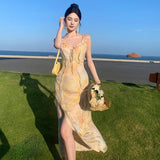 Zingj V-Neck Sling Floral Dress Summer French Seaside Vacation Long