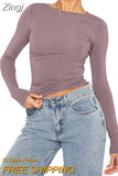Women Spring Fall Casual Slim Fit Basic Crop Tops Solid Color Long Sleeve Crew Neck Pullover Tight Tee Shirts