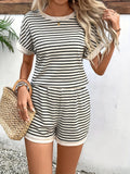 Women's 2025 Summer New Fashion Striped Short Sleeves Suit Sports Shorts
