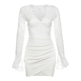 New Women's Clothing Simple Solid Color Lace Decoration V Collar Long Sleeve High Waist Tight