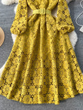 Autumn Women Hook Flower Hollow Party Long Dress Vintage Round Neck Puff Sleeve High Waist A-Line Maxi Vestidos New