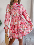 Shooting Autumn And Winter Elegant Lead Flowers To Close The Waist Long-Sleeved Lotus Leaf Side A Dress Women's