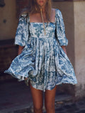 Square Neck Pleated A-Line Dress Spring Summer Short Sleeve Loose Floral Print Dress Women Elegant Puff Sleeve Party Dress 211-1-Outfit
