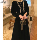 Autumn Black Velvet Dress Women Elegant Lace Patchwork Casual Korean Chic Dress Party Long Party Dresses Woman for