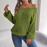 Shooting 2025 Autumn And Winter Leisure Pure Color Hollow Word Collar Shoulder Lantern Sleeve Sweater Women's