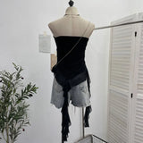 Shot With Anti-Slip Letter Print Chest Vest Tsets Lace Splicing Mesh Yarn Irregular Top