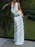 Style Lace Mesh Splicing Sleeveless Suit Dress Niche Design High-End Hanging Neck Splicing Skirt Women's