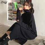 Sleeve Dress Women Solid Turtlenek Side Slit Midi Elegant All-match Korean Style Simple Winter Fashion Ins Stylish