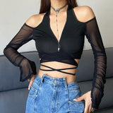 Zingj Ins Spring New Women Sexy V Neck Open Shoulder Hollow Mesh Long Sleeve Cross Lace Top T