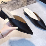 Summer Fashion Women Pointed Toe Slipper Nude White Square Low Heels Outsides Ladies Slides Luxury Brand Beach Mules