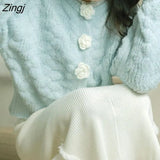 Women Blue Flowers Sweet All-match Students O-neck Loose-fitting Casual Fashion Knitting кардиган женский Gentle