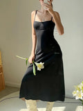 Elegant Summer Spaghetti Strap Black Midi Dress Solid Fashion A-Line Casual Women's Dresses Beach Holidays