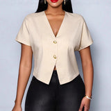 Solid Color V-Neck Metal Button Asymmetrical Sleeve