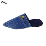 Design Slippers 2023 Spring New Pointed Deep Mouth Thick High-heeled Denim Outer Wear Baotou Slippers Shoes for