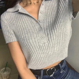 Zingj Collar Top Women's Short Sleeve Knit Shirt Short Summer White Lapel Striped Niche Slim