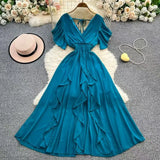Niche Design Cross V Collar Small Flying Sleeves To Show Thin Chiffon Dress Super Fairy Leaves Side
