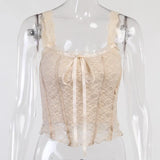 Lace Tank Top Women Sleeveless Sexy Lady Elegant Cropped Shirts Lace Sleeve Front Lace Hollow up Women Top