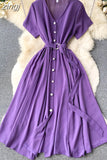 Vintage V-Neck Single Breasted Midi Dress For Women Elegant Short Sleeve High Waist A-Line Slim Green/Red/Purple