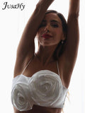Summer Fairy Elegant White Flower Decoration Crop Top for Women Fashion Sleeveless Stretchy Slim Tanks Top