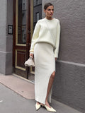 High Open Fork Tight Skirt Wool Set Unique Open Design Autumn And Winter Elegant Fashion Pure Color