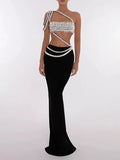 Sexy Suit 2025 New Fashion Heavy Industry Diamond Oblique Shoulder Blouse + Long Bag Hip