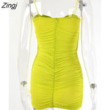 Spaghetti Strap Ruched Sexy Summer Dress Women Off Shoulder Strapless Backless Bodycon Mini Dress Pleated Party