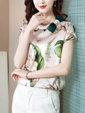 Women Blouse 2023 Summer Floral Women Top Bow Elegant Blouses Satin Ladies Tops Fashion Women Clothing Basic Short Sleeve