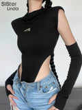 Women Black Bodysuits Fashion Streetwear Appliques Hooded Tops With Cuff 2023 New Spring