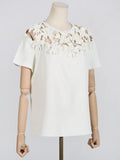 Zingj Summer New Fashion Round Collar Embroidery Flower Splicing Design Sense Versatile Hollow Short-Sleeved T Shirt Jacket