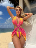 2024 New Striped Gradient Love Mesh Dress Three-Piece Swimsuit Swimsuit