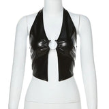 Zingj Summer New Women's Fashion Hanging Neck Sexy Hollow Out Back Slim Crop PU Small Vest