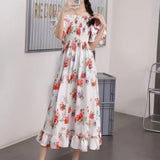 2025 New French Holiday Collar Shoulder Short Sleeves To Show Thin Flowers Long Orange Truss