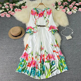 Zingj New Women's Dress Oversized Skirt Print Pleated Waist Lace Holiday