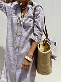 Explosion Autumn Five-Sleeve Striped Sides On Both Sides Of The Fork Shirt Dress