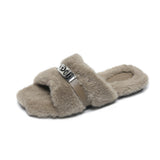 And Winter New Hairy Shoes With Plush Warm Metal Plus Plush Outside Wearing Flat-Bottom Slippers Women's Foot