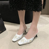 Spring And Autumn New Fashion Embroidery With Cool Slippers Small Square Head Suede With Temperament Half Drag Women's
