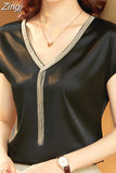 Lady Casual Loose Tops Mujer Satin Blouse Women Summer Short Sleeve Shirt Solid Fashion Tassel V-neck Clothes