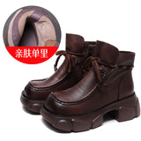 Layer Of Kraft Handmade Pine Cake Bottom Boots Women Autumn And Winter Retro New Bare Boots Thick Bottom Square Head Martin Boots