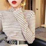 Zingj Half High Collar Striped Long Sleeve T-Shirt Bottom Shirt Women's New Autumn Ins Slim Wood Ear Inside The