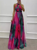 Women's Sleeveless Print With Dress Fashion Swing Hanging Neck Round Women