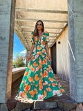 New Ruffle Sleeveless Printed Skirt Ladies V Neck Elegant Long Dress Waist Slimming Temperament