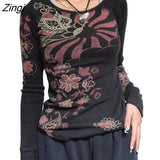 Women Slim Fit Basic Tshirt Autumn Casual Vintage Print Long Sleeve Round Neck Ribbed Tops Club