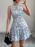 French Elegant Floral Print Sleeveless Bundle With Mini