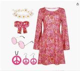Halloween 70S Hippie Disco Festive Dress Turban + Print Dress