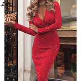 New Year Red Christmas Party Dress Women V Neck Glitter Ruched Long Sleeve Ball Gowns Elegant Sequins Skinny Sexy