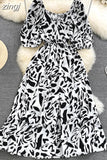 Women Printed Long Dress Vintage V-Neck Puff Short Sleeve A-Line Slim Vestidose Female Elegant Casual Robe New