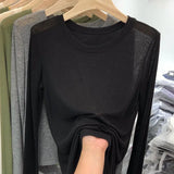 Zingj Round Neck Long-Sleeved T-Shirt Sunscreen Women's Spring 2024 New Korean Version Slim Solid Bottom Top
