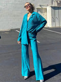 Pants Suits Women Button Up Shirt And High Wasit Pants Set Spring Autumn Ladies Pleated Elegant Loose 2 Piece Pant