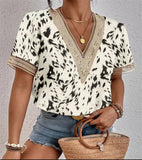 Women's Dress V-Neck Lace Loose Top Commuter Short-Sleeved Shirt Women Splicing