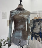 Want To Play The Bottom Of The Long-Sleeved T-Shirt Design Hollow Print Irregular Mesh Yarn Personality Hottie Top